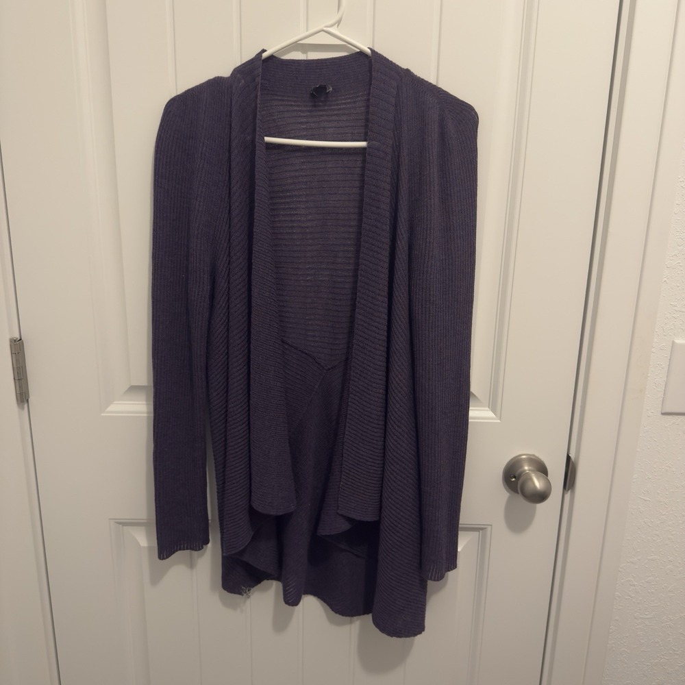 Eileen Fisher Purple 100% Wool Ribbed Draped Open Front Cardigan Sweater Large